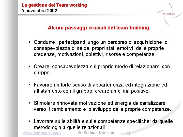La gestione del Team working 5 novembre 2002 Alcuni passaggi cruciali del team building