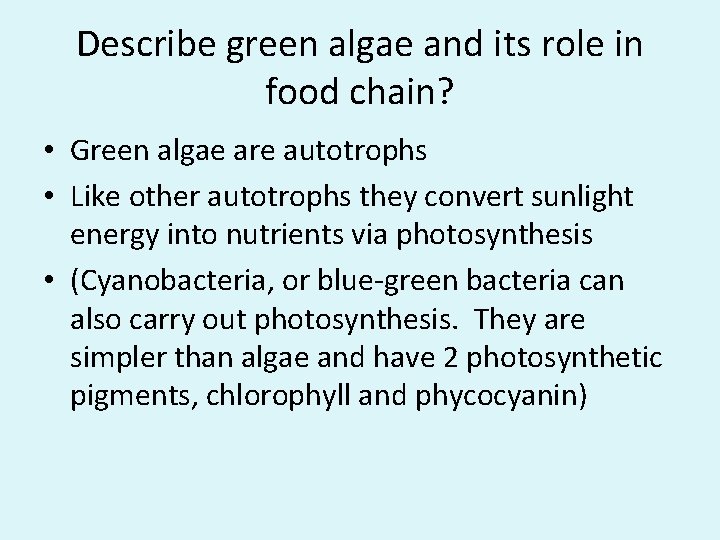 Describe green algae and its role in food chain? • Green algae are autotrophs