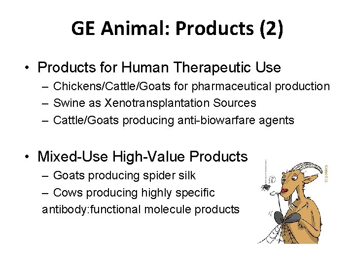 GE Animal: Products (2) • Products for Human Therapeutic Use – Chickens/Cattle/Goats for pharmaceutical