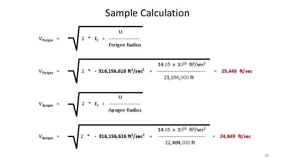 Sample Calculation VPerigee = U 2 * Et + ---------Perigee Radius VPerigee = 2