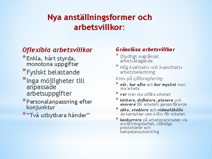 Nya anställningsformer och arbetsvillkor: Oflexibla arbetsvillkor * Enkla, hårt styrda, monotona uppgifter *Fysiskt belastande