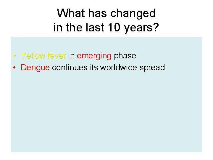 What has changed in the last 10 years? • Yellow fever in emerging phase