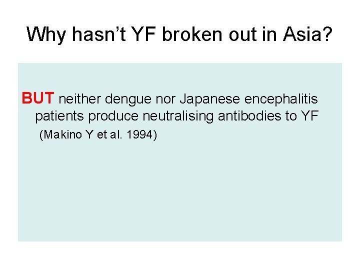 Why hasn’t YF broken out in Asia? BUT neither dengue nor Japanese encephalitis patients