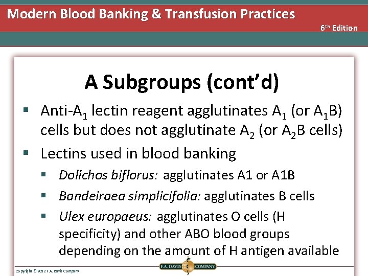 Modern Blood Banking & Transfusion Practices 6 th Edition A Subgroups (cont’d) § Anti-A