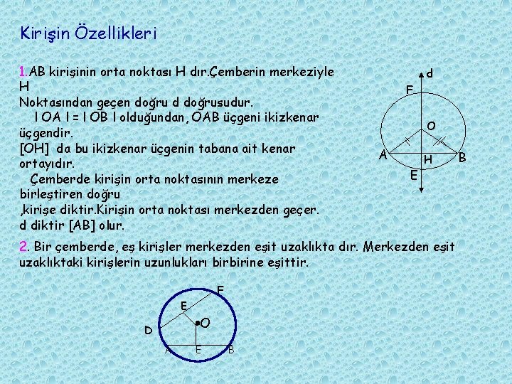 Kirişin Özellikleri 1. AB kirişinin orta noktası H dır. Çemberin merkeziyle H Noktasından geçen Kirişin Özellikleri 1. AB kirişinin orta noktası H dır. Çemberin merkeziyle H Noktasından geçen
