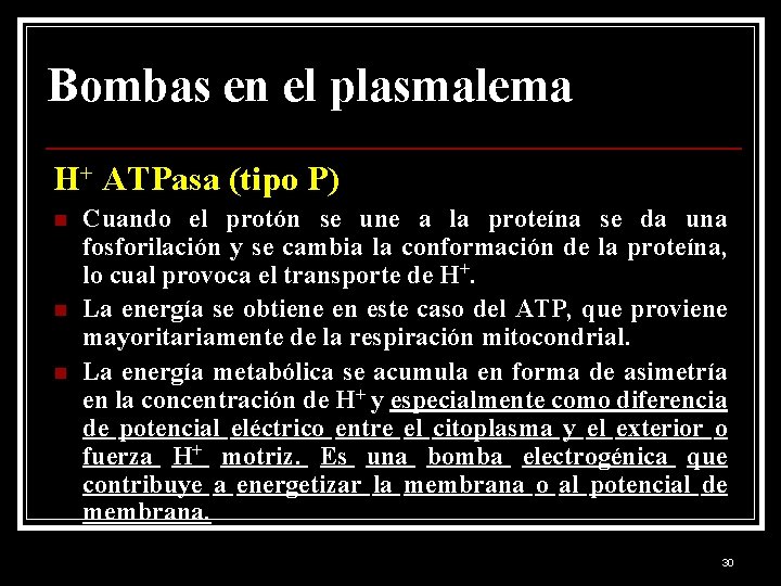 Bombas en el plasmalema H+ ATPasa (tipo P) n n n Cuando el protón