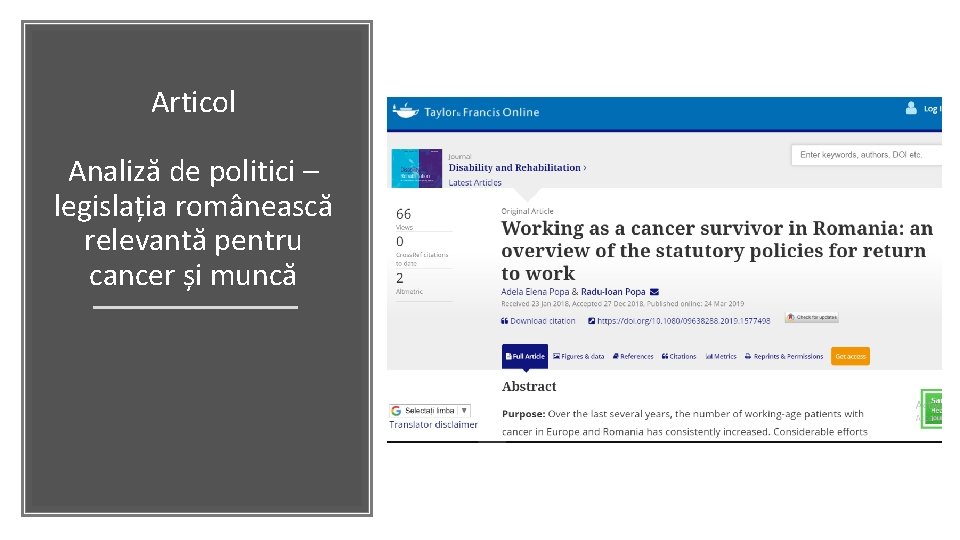 Articol Analiză de politici – legislația românească relevantă pentru cancer și muncă 