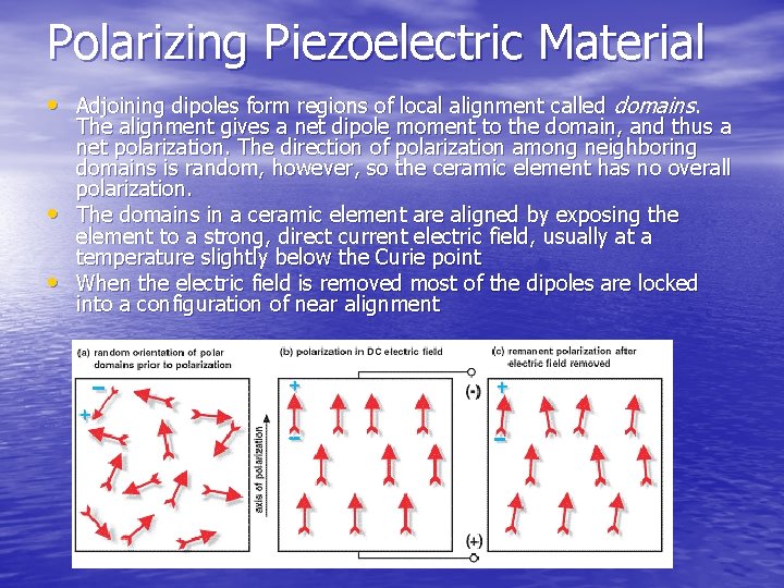Polarizing Piezoelectric Material • Adjoining dipoles form regions of local alignment called domains. •
