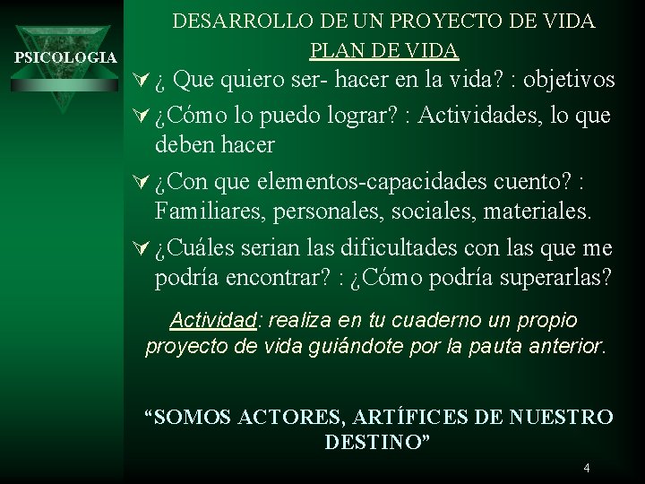 PSICOLOGIA DESARROLLO DE UN PROYECTO DE VIDA PLAN DE VIDA Ú ¿ Que quiero