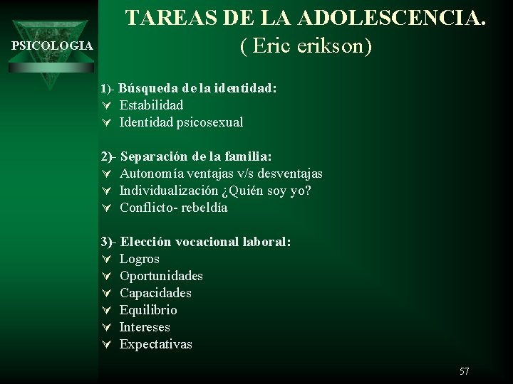 PSICOLOGIA TAREAS DE LA ADOLESCENCIA. ( Eric erikson) 1)- Búsqueda de la identidad: Ú