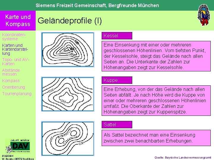 Siemens Freizeit Gemeinschaft, Bergfreunde München Karte und Kompass Geländeprofile (I) Koordinatensysteme Kessel Karten und