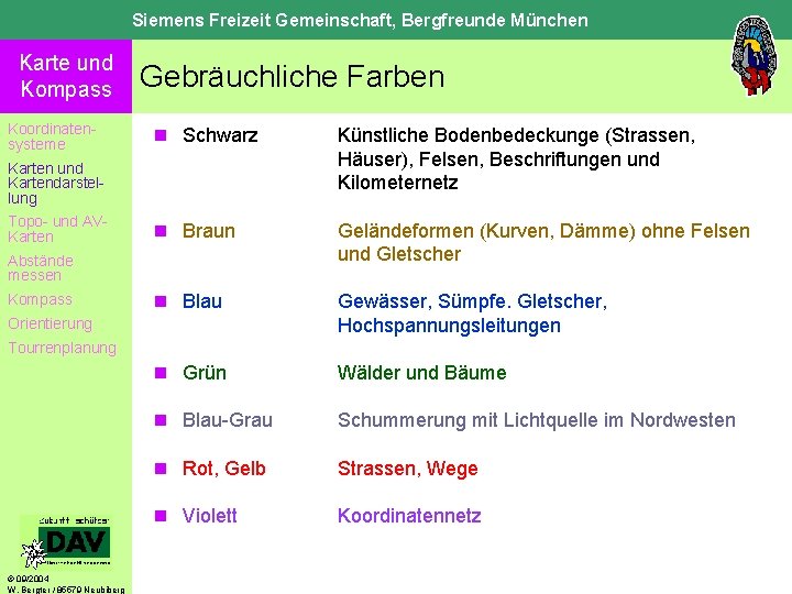 Siemens Freizeit Gemeinschaft, Bergfreunde München Karte und Kompass Koordinatensysteme Gebräuchliche Farben n Schwarz Künstliche