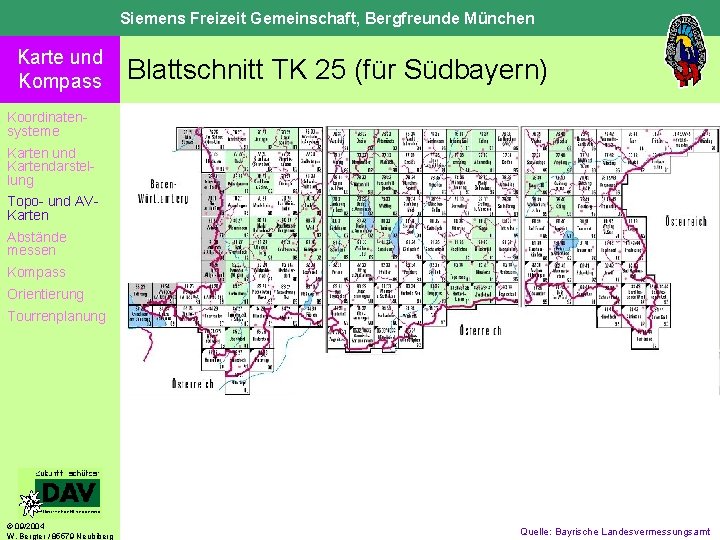 Siemens Freizeit Gemeinschaft, Bergfreunde München Karte und Kompass Blattschnitt TK 25 (für Südbayern) Koordinatensysteme