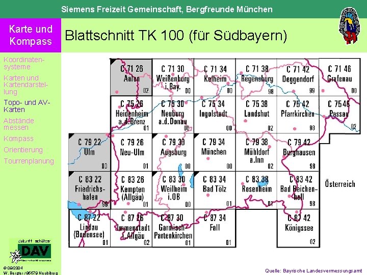 Siemens Freizeit Gemeinschaft, Bergfreunde München Karte und Kompass Blattschnitt TK 100 (für Südbayern) Koordinatensysteme