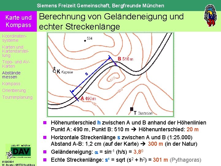 Siemens Freizeit Gemeinschaft, Bergfreunde München Karte und Kompass Berechnung von Geländeneigung und echter Streckenlänge