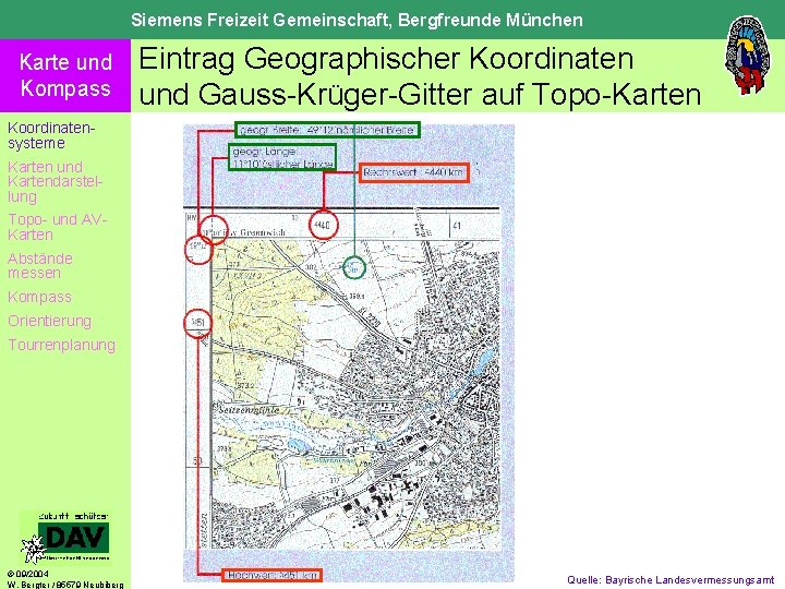Siemens Freizeit Gemeinschaft, Bergfreunde München Karte und Kompass Eintrag Geographischer Koordinaten und Gauss-Krüger-Gitter auf