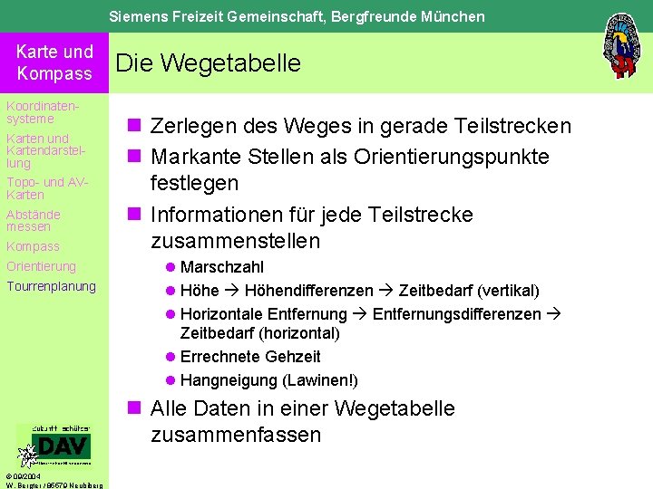 Siemens Freizeit Gemeinschaft, Bergfreunde München Karte und Kompass Koordinatensysteme Karten und Kartendarstellung Topo- und