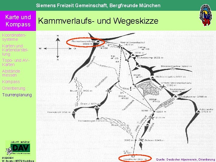 Siemens Freizeit Gemeinschaft, Bergfreunde München Karte und Kompass Kammverlaufs- und Wegeskizze Koordinatensysteme Karten und