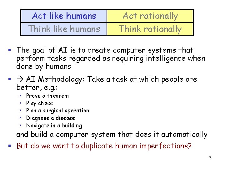 Act like humans Think like humans Act rationally Think rationally § The goal of