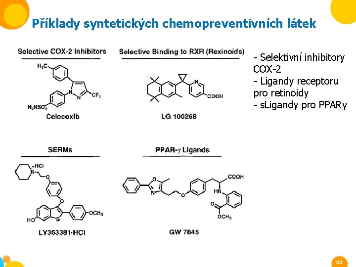 Příklady syntetických chemopreventivních látek - Selektivní inhibitory COX-2 - Ligandy receptoru pro retinoidy -