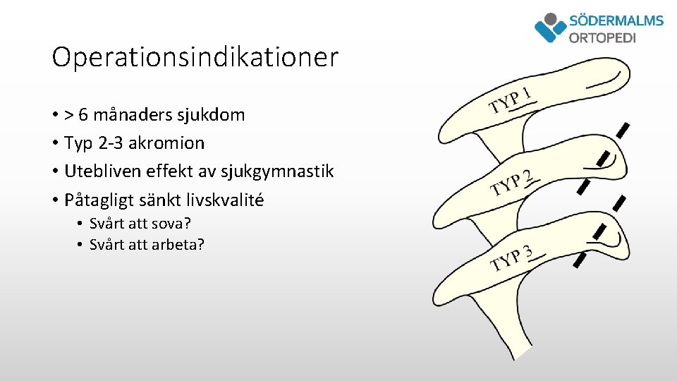 Operationsindikationer • > 6 månaders sjukdom • Typ 2 -3 akromion • Utebliven effekt