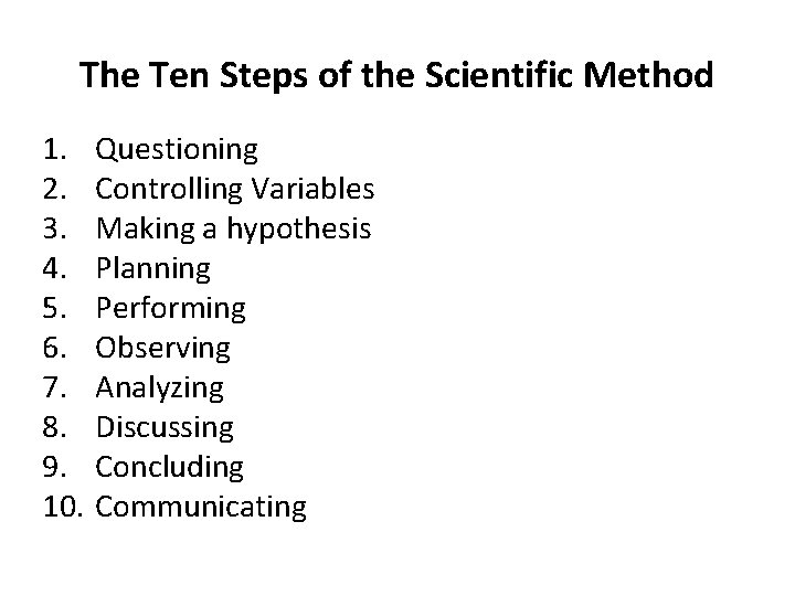 The Ten Steps of the Scientific Method 1. 2. 3. 4. 5. 6. 7.