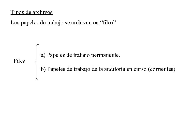 Tipos de archivos Los papeles de trabajo se archivan en “files” Files a) Papeles