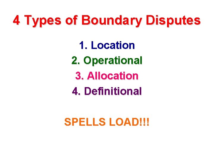 4 Types of Boundary Disputes 1. Location 2. Operational 3. Allocation 4. Definitional SPELLS