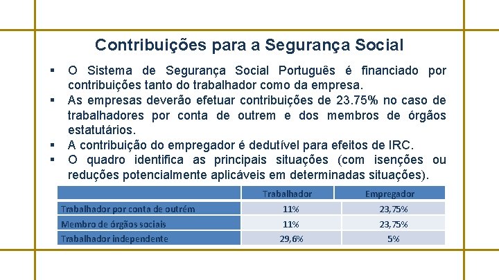 Contribuições para a Segurança Social § § O Sistema de Segurança Social Português é