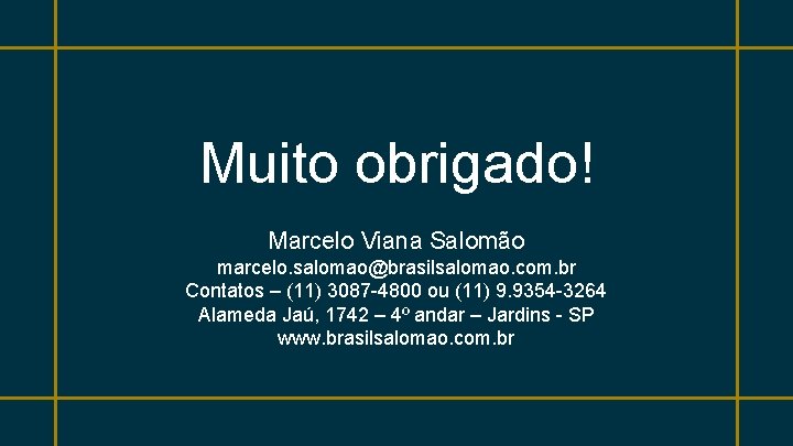 Muito obrigado! Marcelo Viana Salomão marcelo. salomao@brasilsalomao. com. br Contatos – (11) 3087 -4800