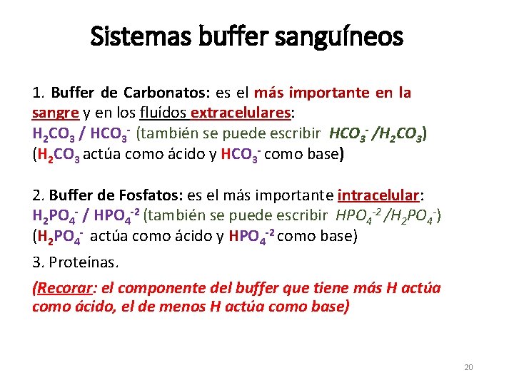 Sistemas buffer sanguíneos 1. Buffer de Carbonatos: es el más importante en la sangre