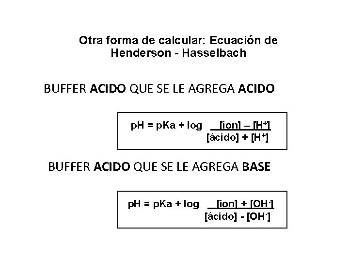 Otra forma de calcular: Ecuación de Henderson - Hasselbach BUFFER ACIDO QUE SE LE