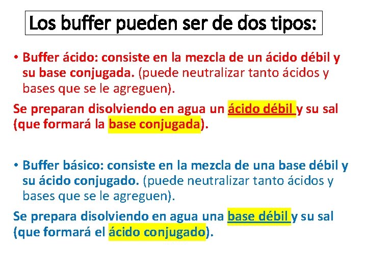 Los buffer pueden ser de dos tipos: • Buffer ácido: consiste en la mezcla