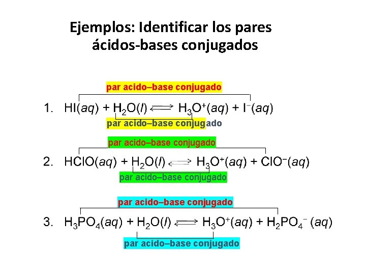 Ejemplos: Identificar los pares ácidos-bases conjugados par acido–base conjugado par acido–base conjugado 