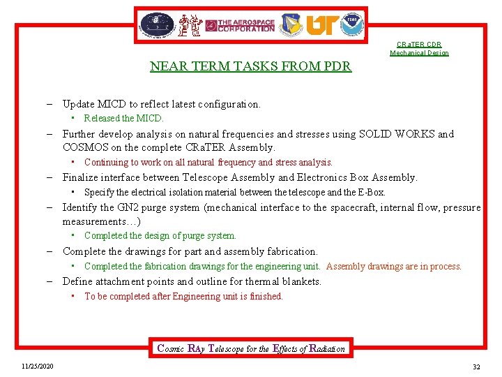 CRa. TER CDR Mechanical Design NEAR TERM TASKS FROM PDR – Update MICD to