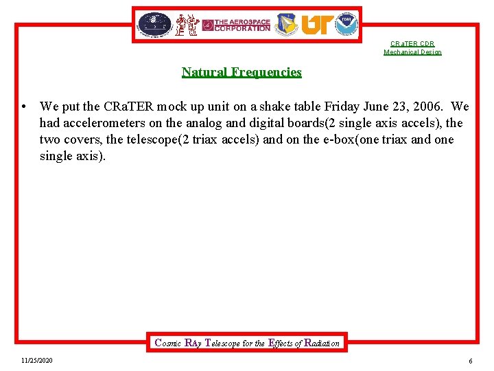 CRa. TER CDR Mechanical Design Natural Frequencies • We put the CRa. TER mock