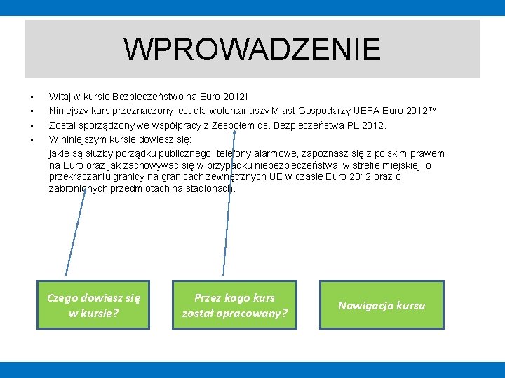 WPROWADZENIE • • Witaj w kursie Bezpieczeństwo na Euro 2012! Niniejszy kurs przeznaczony jest