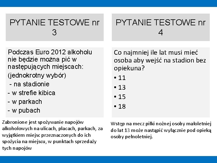 PYTANIE TESTOWE nr 3 PYTANIE TESTOWE nr 4 Podczas Euro 2012 alkoholu nie będzie