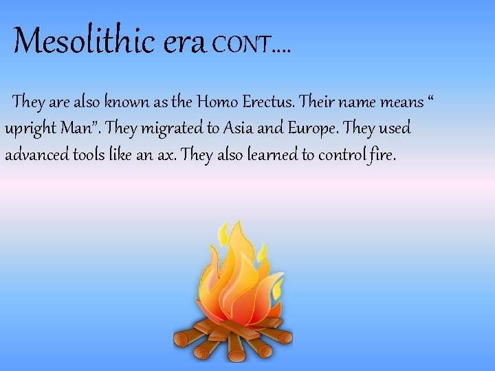 Mesolithic era CONT…. They are also known as the Homo Erectus. Their name means