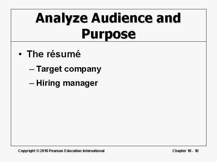 Analyze Audience and Purpose • The résumé – Target company – Hiring manager Copyright