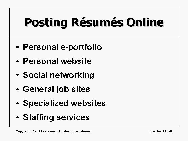 Posting Résumés Online • Personal e-portfolio • Personal website • Social networking • General