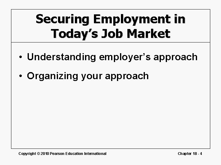 Securing Employment in Today’s Job Market • Understanding employer’s approach • Organizing your approach