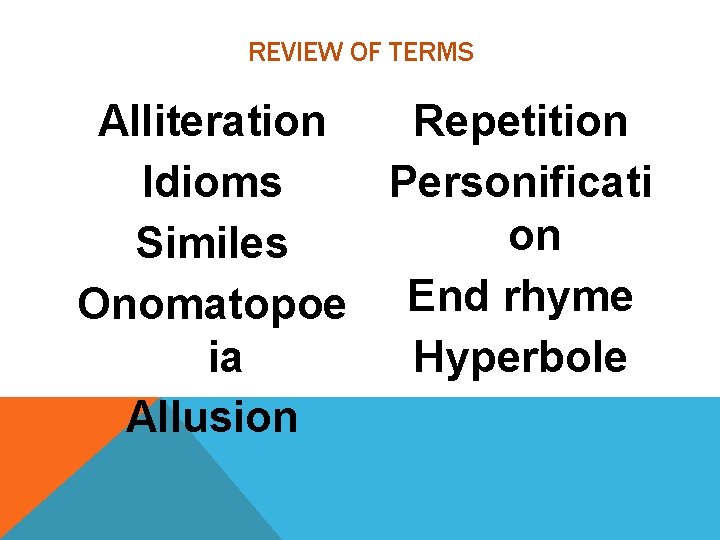 REVIEW OF TERMS Alliteration Repetition Idioms Personificati on Similes Onomatopoe End rhyme ia Hyperbole