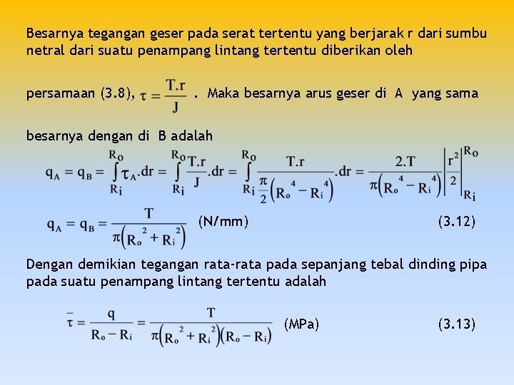 Besarnya tegangan geser pada serat tertentu yang berjarak r dari sumbu netral dari suatu