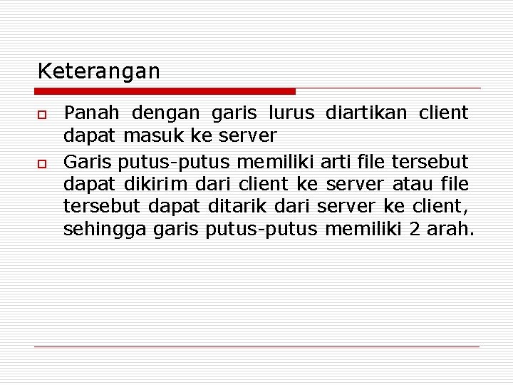 Keterangan o o Panah dengan garis lurus diartikan client dapat masuk ke server Garis