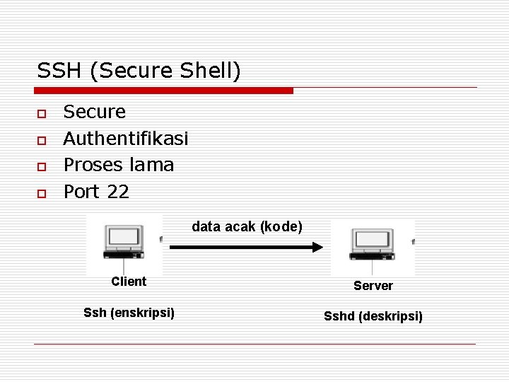 SSH (Secure Shell) o o Secure Authentifikasi Proses lama Port 22 data acak (kode)