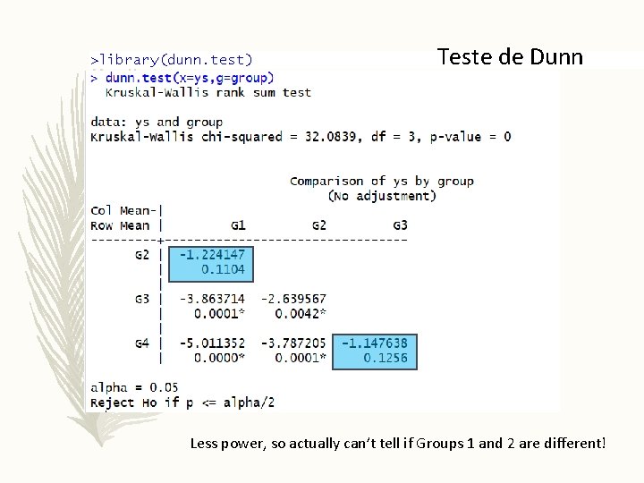 >library(dunn. test) Teste de Dunn Less power, so actually can’t tell if Groups 1