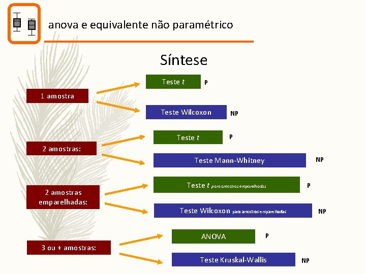 anova e equivalente não paramétrico Síntese Teste t P 1 amostra Teste Wilcoxon Teste