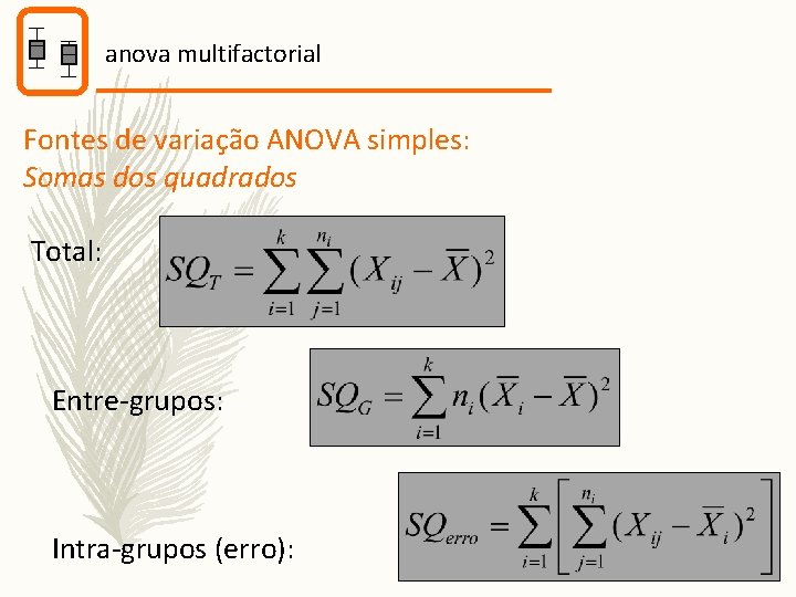 anova multifactorial Fontes de variação ANOVA simples: Somas dos quadrados Total: Entre-grupos: Intra-grupos (erro):