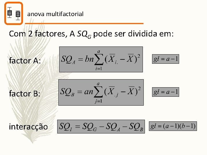 anova multifactorial Com 2 factores, A SQG pode ser dividida em: factor A: factor